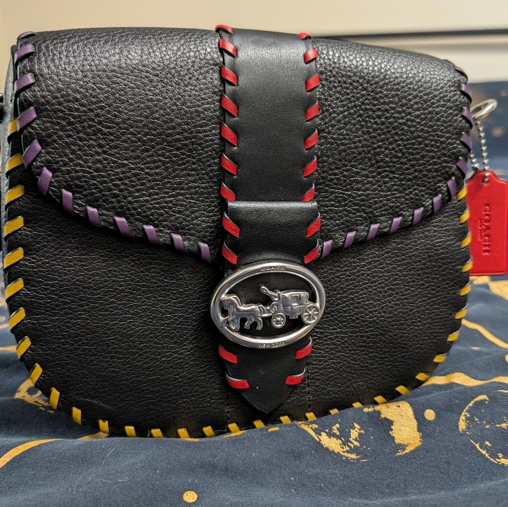 Coach Black Geordie Saddlebag with multicolor whipstitch accents c5791